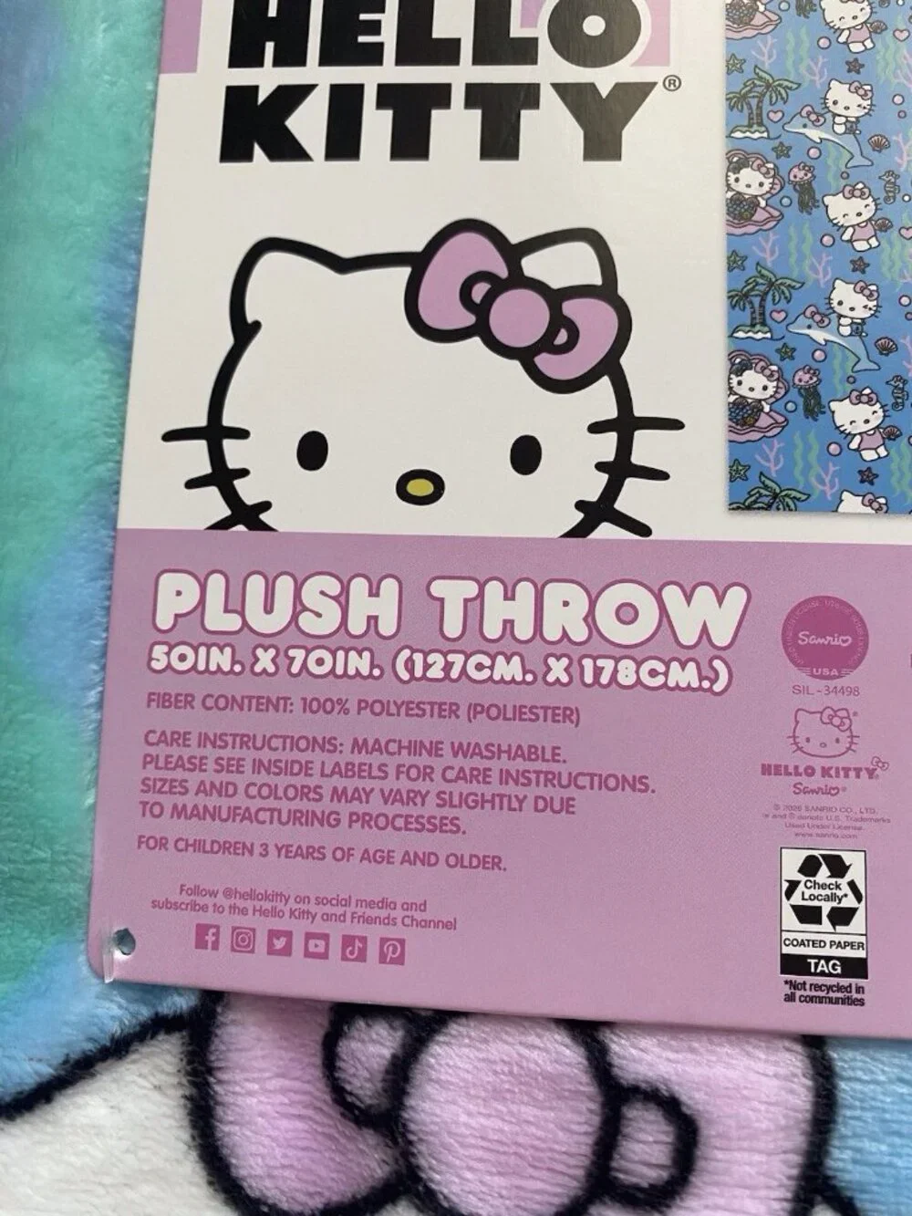 Hello Kitty Mermaid Dolphin Jellyfish Soft Throw Blanket Blue Pink 50” X 70” NEW